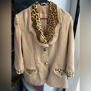 Vintage Khaki Peach Lining Leopard Trim M/L 12 Blazer